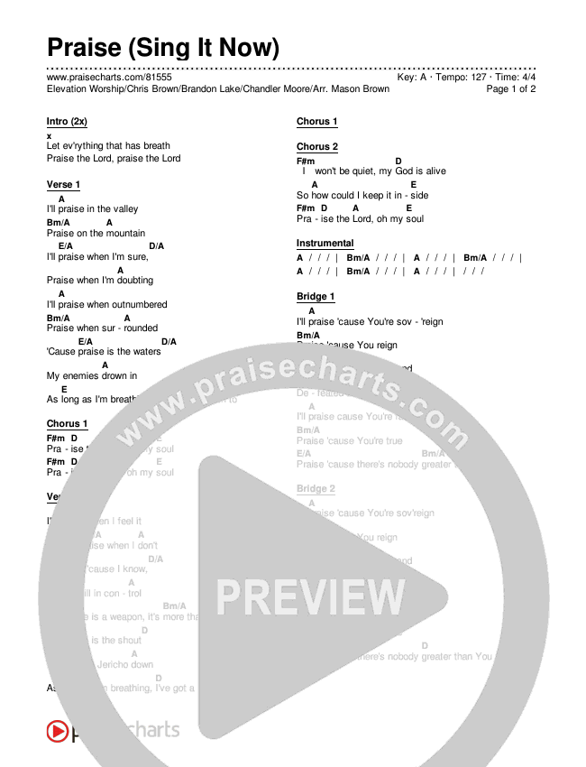 Praise (Sing It Now) Chords & Lyrics (Elevation Worship / Chris Brown / Brandon Lake / Chandler Moore / Arr. Mason Brown)