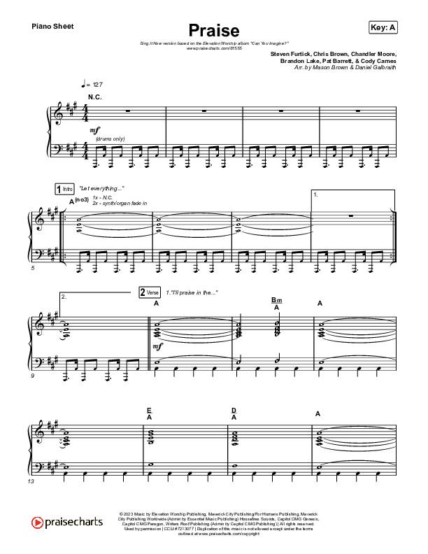 Praise (Sing It Now) Piano Sheet (Elevation Worship / Chris Brown / Brandon Lake / Chandler Moore / Arr. Mason Brown)