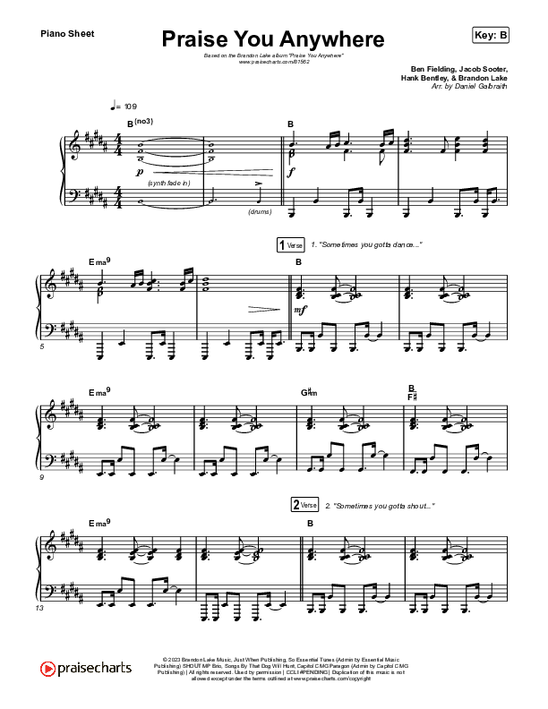 Praise You Anywhere Piano Sheet (Brandon Lake)