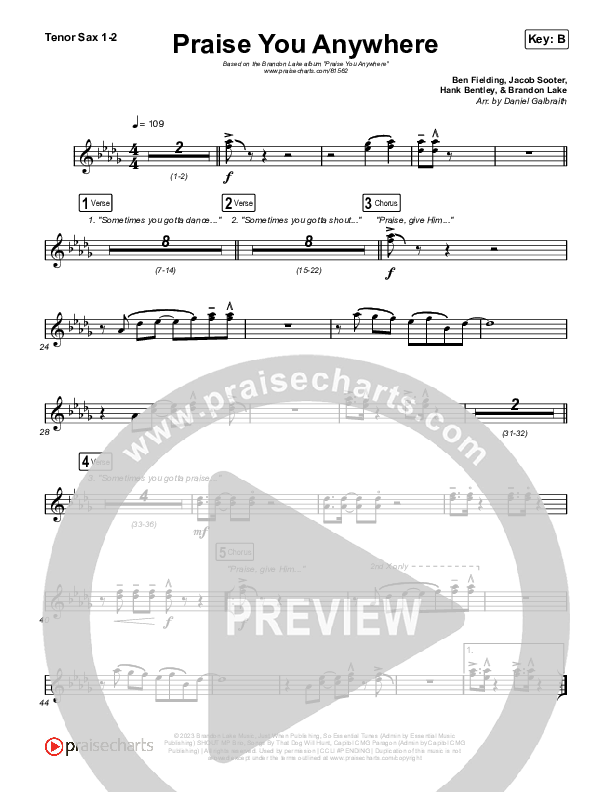 Praise You Anywhere Tenor Sax 1,2 (Brandon Lake)