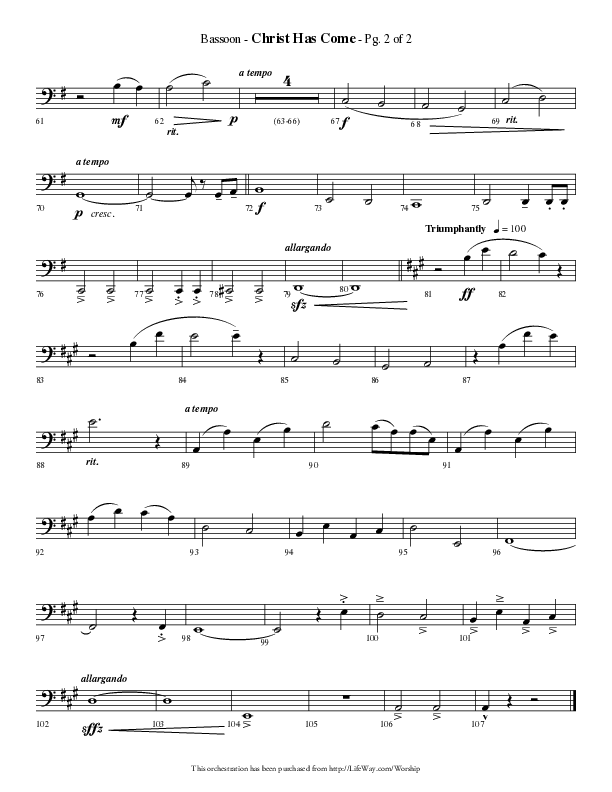 Christ Has Come (Choral Anthem SATB) Bassoon (Lifeway Choral / Arr. Phillip Keveren)