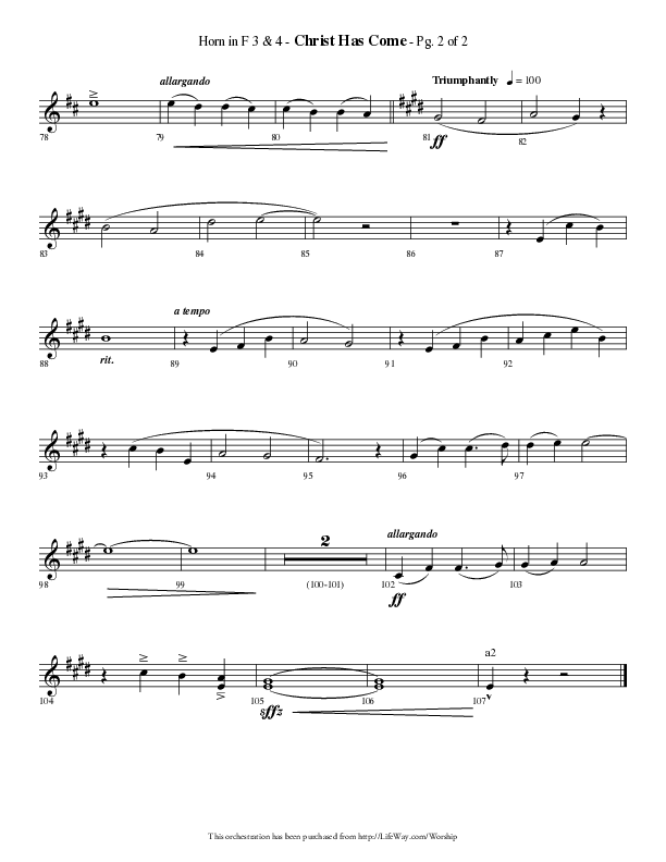 Christ Has Come (Choral Anthem SATB) French Horn 3 (Lifeway Choral / Arr. Phillip Keveren)