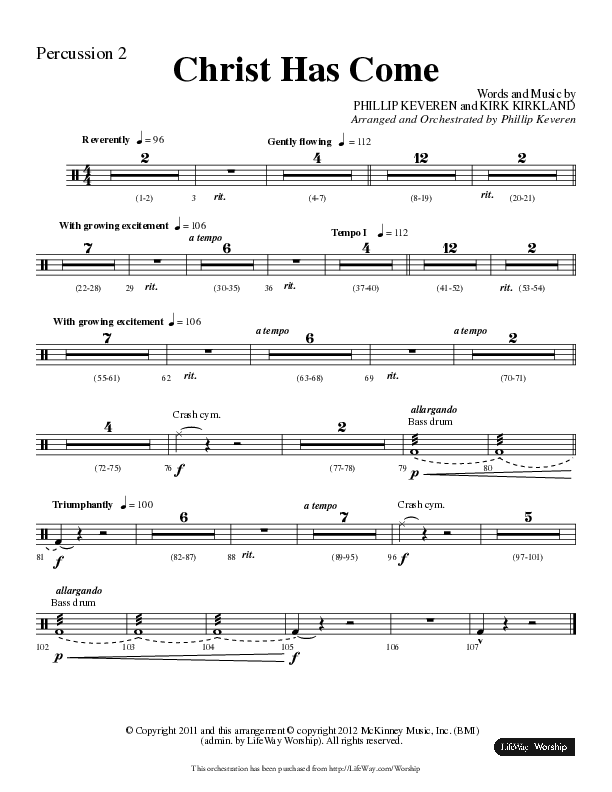 Christ Has Come (Choral Anthem SATB) Percussion 1/2 (Lifeway Choral / Arr. Phillip Keveren)