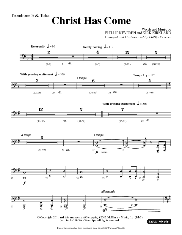 Christ Has Come (Choral Anthem SATB) Trombone 3/Tuba (Lifeway Choral / Arr. Phillip Keveren)