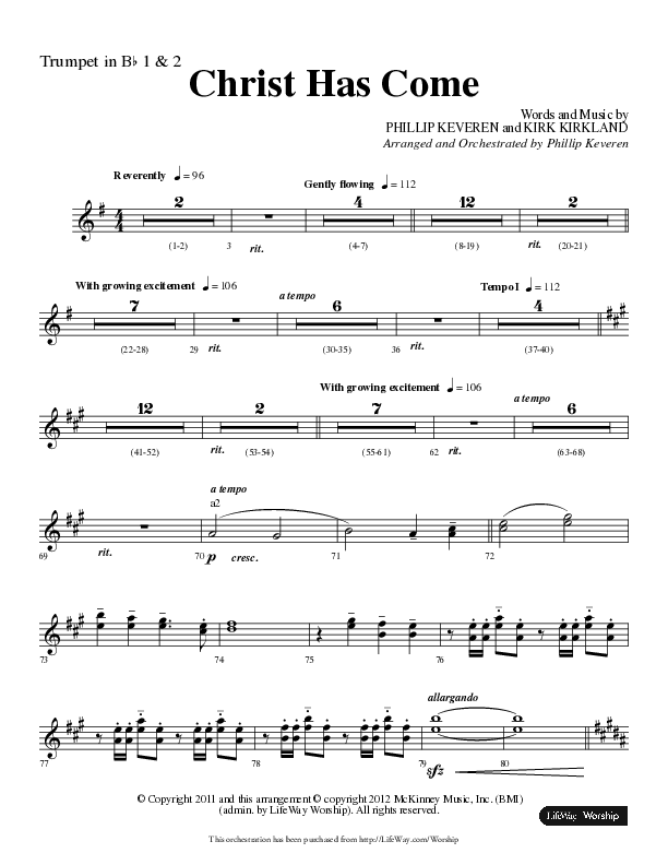Christ Has Come (Choral Anthem SATB) Trumpet 1,2 (Lifeway Choral / Arr. Phillip Keveren)