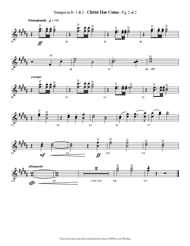Christ Has Come (Choral Anthem SATB) Trumpet 1,2 (Lifeway Choral / Arr. Phillip Keveren)