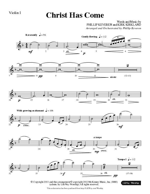 Christ Has Come (Choral Anthem SATB) Violin 1 (Lifeway Choral / Arr. Phillip Keveren)