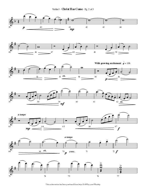 Christ Has Come (Choral Anthem SATB) Violin 1 (Lifeway Choral / Arr. Phillip Keveren)