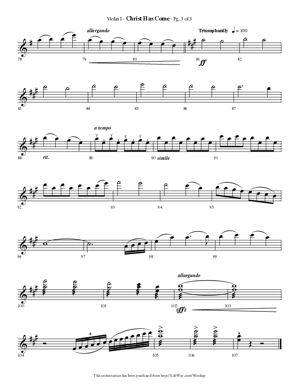 Christ Has Come (Choral Anthem SATB) Violin 1 (Lifeway Choral / Arr. Phillip Keveren)