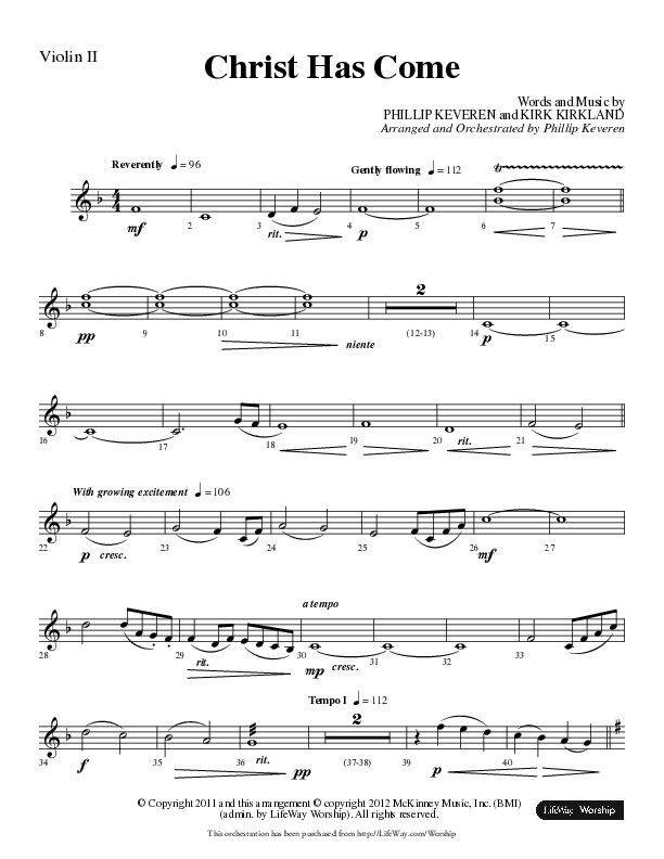 Christ Has Come (Choral Anthem SATB) Violin 2 (Lifeway Choral / Arr. Phillip Keveren)