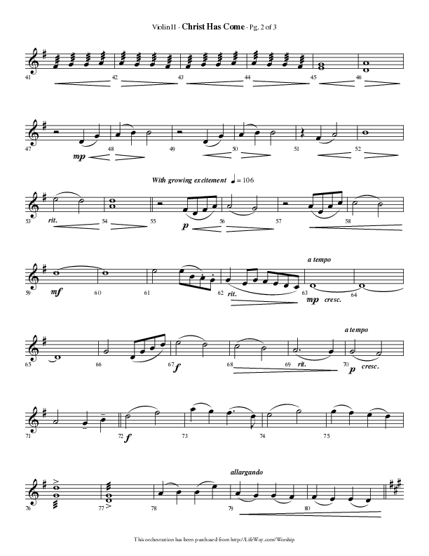 Christ Has Come (Choral Anthem SATB) Violin 2 (Lifeway Choral / Arr. Phillip Keveren)