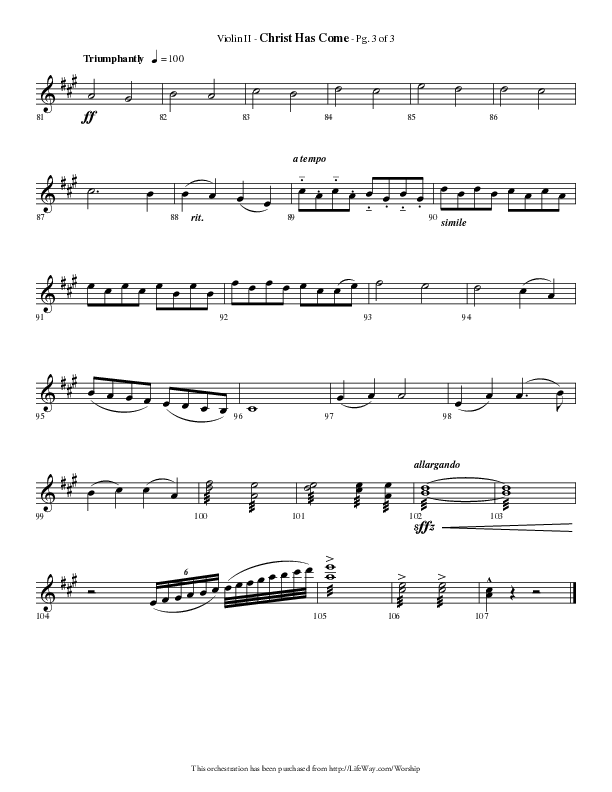 Christ Has Come (Choral Anthem SATB) Violin 2 (Lifeway Choral / Arr. Phillip Keveren)