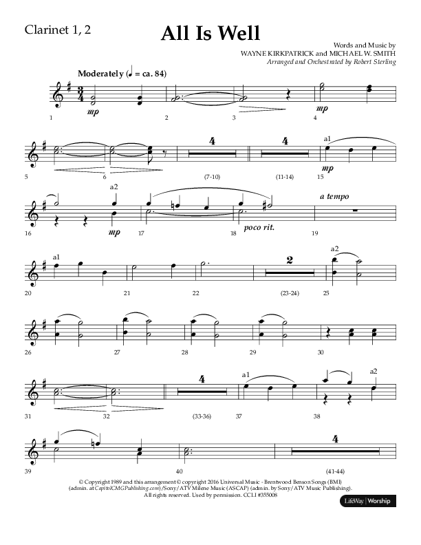 All Is Well (Choral Anthem SATB) Clarinet 1/2 (Lifeway Choral / Arr. John Bolin)