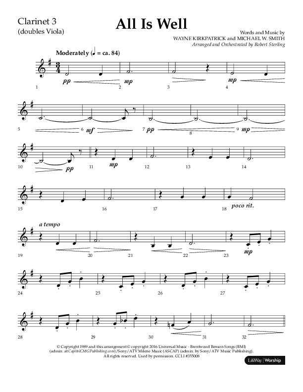 All Is Well (Choral Anthem SATB) Clarinet 3 (Lifeway Choral / Arr. John Bolin)