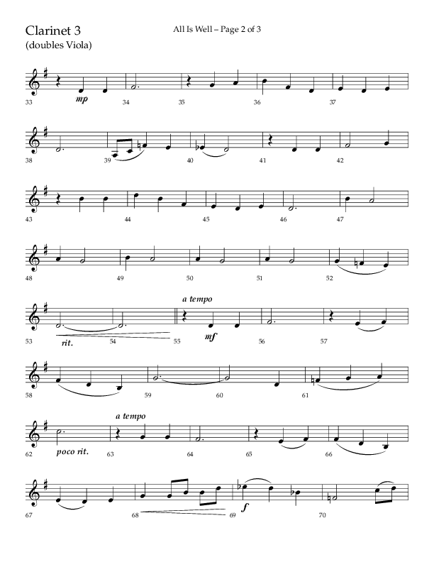 All Is Well (Choral Anthem SATB) Clarinet 3 (Lifeway Choral / Arr. John Bolin)
