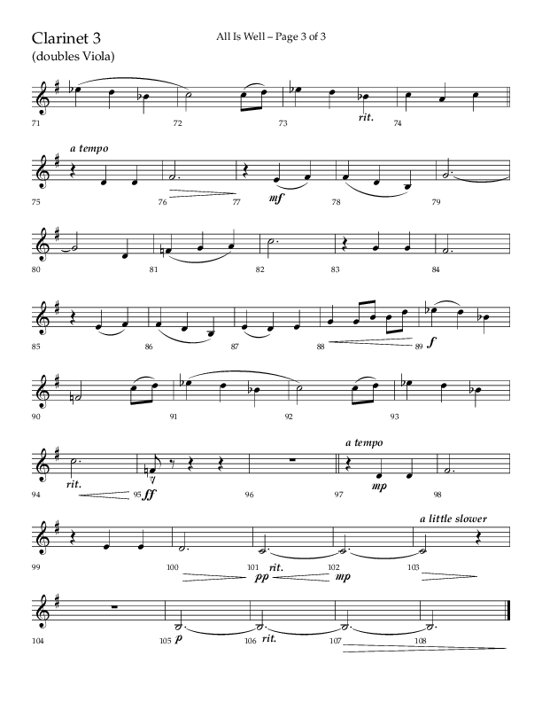 All Is Well (Choral Anthem SATB) Clarinet 3 (Lifeway Choral / Arr. John Bolin)