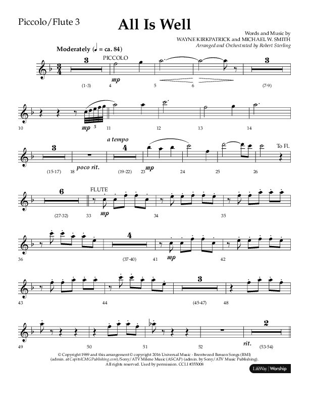 All Is Well (Choral Anthem SATB) Flute/Piccolo (Lifeway Choral / Arr. John Bolin)