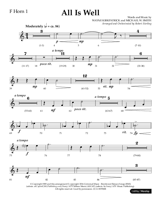 All Is Well (Choral Anthem SATB) French Horn 1 (Lifeway Choral / Arr. John Bolin)