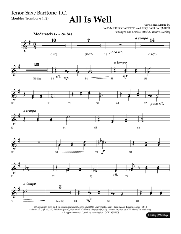 All Is Well (Choral Anthem SATB) Tenor Sax/Baritone T.C. (Lifeway Choral / Arr. John Bolin)