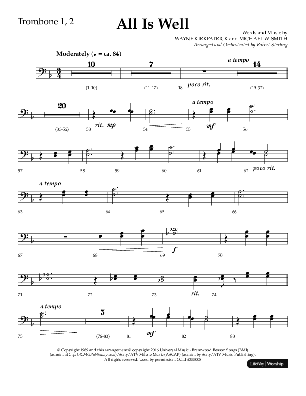 All Is Well (Choral Anthem SATB) Trombone 1/2 (Lifeway Choral / Arr. John Bolin)