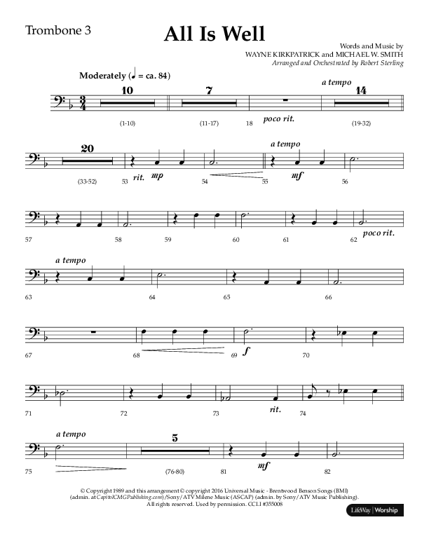 All Is Well (Choral Anthem SATB) Trombone 3 (Lifeway Choral / Arr. John Bolin)