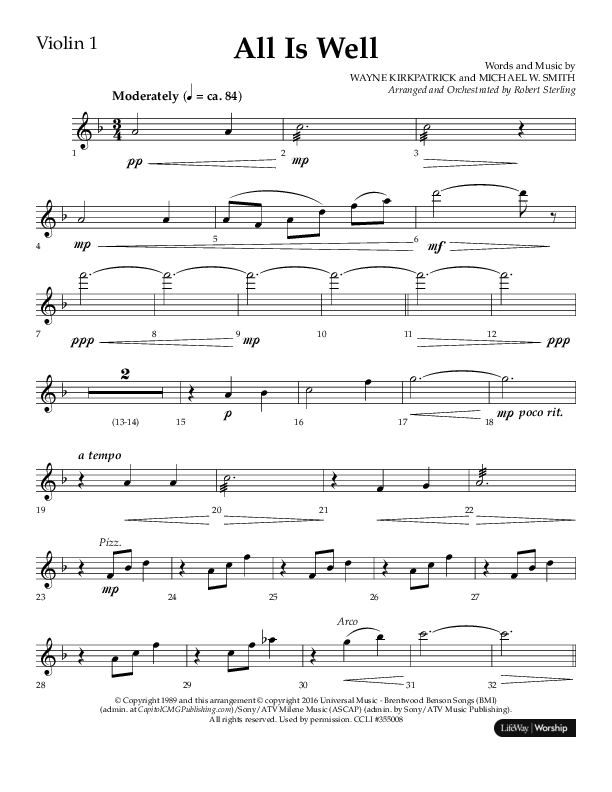 All Is Well (Choral Anthem SATB) Violin 1 (Lifeway Choral / Arr. John Bolin)