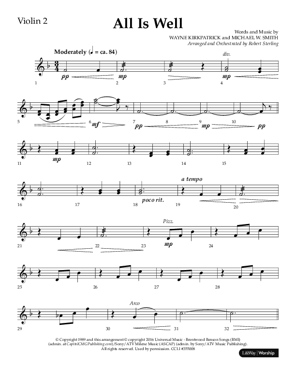All Is Well (Choral Anthem SATB) Violin 2 (Lifeway Choral / Arr. John Bolin)