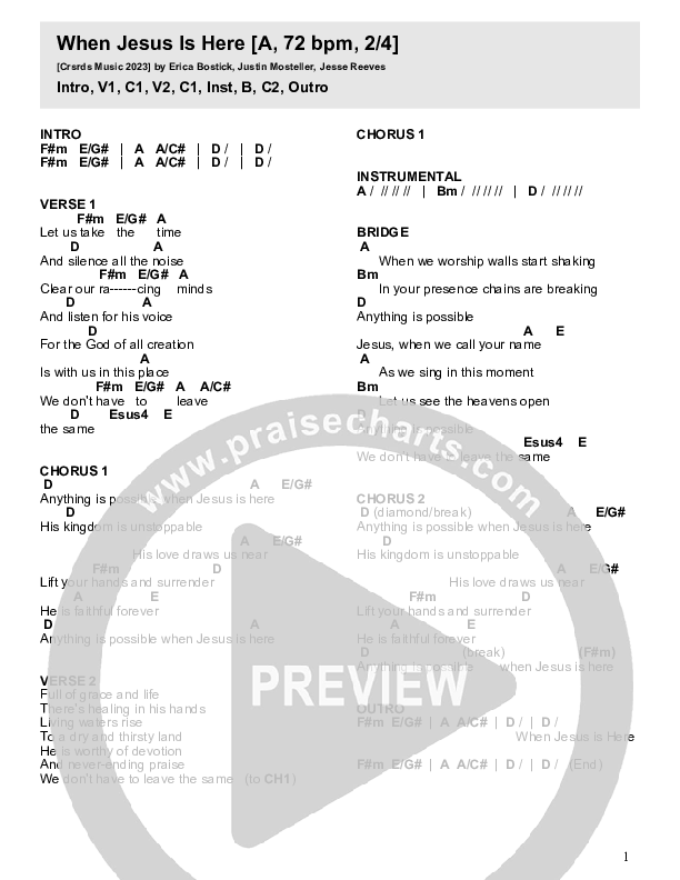 When Jesus Is Here Chord Chart (Crossroads Music)