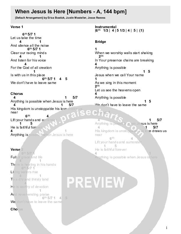 When Jesus Is Here Chord Chart (Crossroads Music)