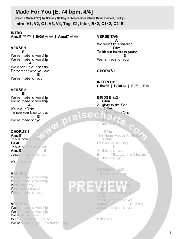 Made For You Chord Chart (Crossroads Music)