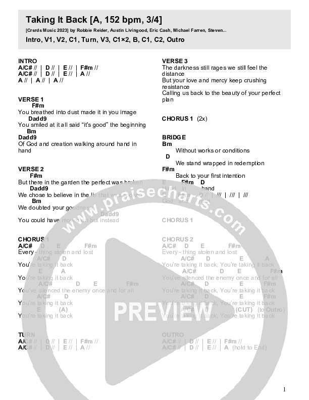 Taking It Back Chord Chart (Crossroads Music)
