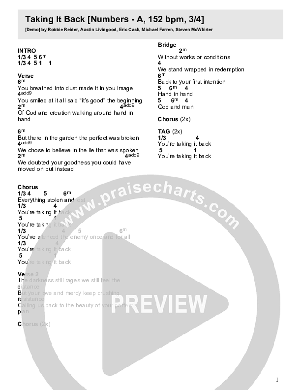 Taking It Back Chords PDF (Crossroads Music) PraiseCharts