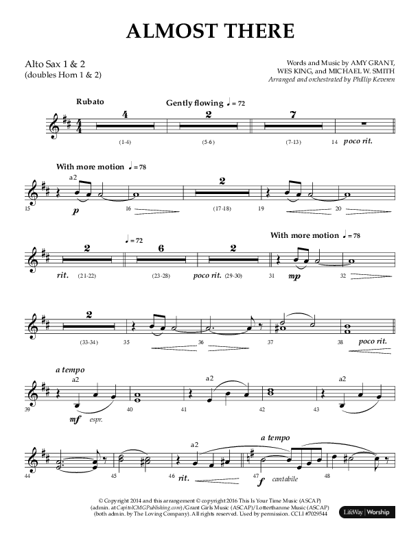 Almost There (Choral Anthem SATB) Alto Sax 1/2 (Arr. Phillip Keveren / Lifeway Choral)