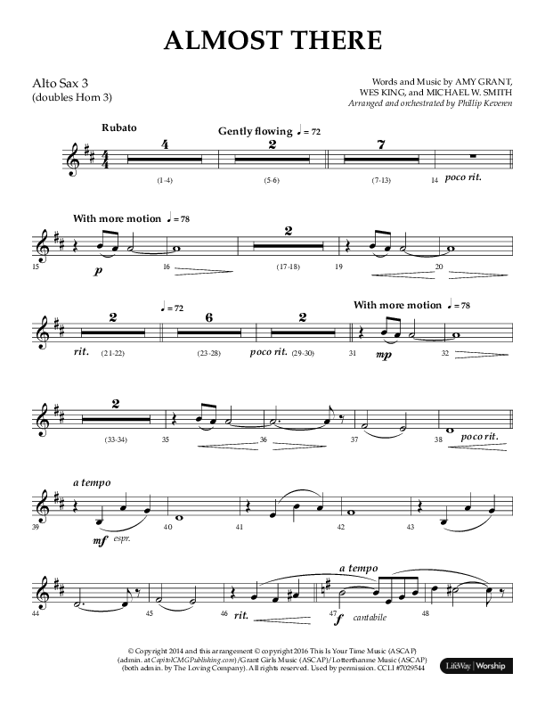 Almost There (Choral Anthem SATB) Alto Sax (Arr. Phillip Keveren / Lifeway Choral)