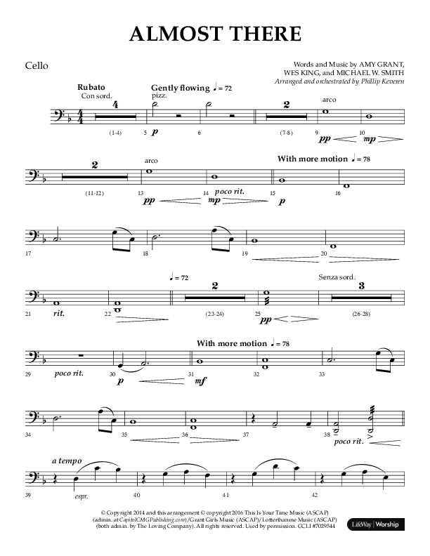 Almost There (Choral Anthem SATB) Cello (Arr. Phillip Keveren / Lifeway Choral)