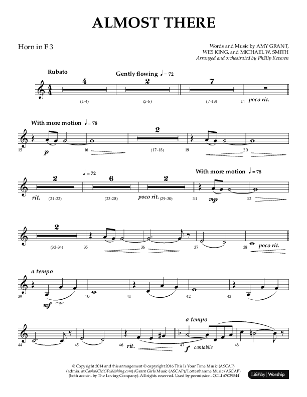 Almost There (Choral Anthem SATB) French Horn 3 (Arr. Phillip Keveren / Lifeway Choral)