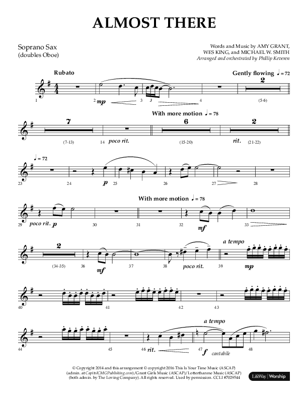 Almost There (Choral Anthem SATB) Soprano Sax (Arr. Phillip Keveren / Lifeway Choral)