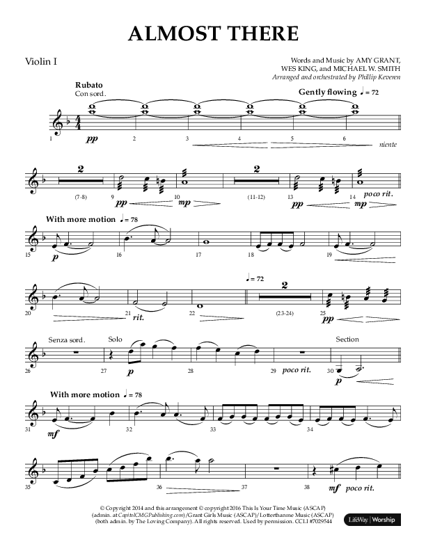 Almost There (Choral Anthem SATB) Violin 1 (Arr. Phillip Keveren / Lifeway Choral)