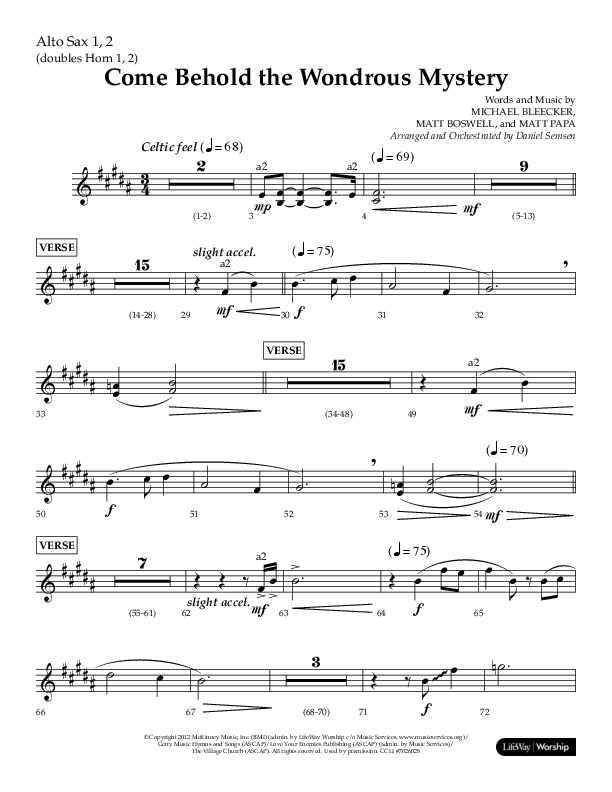 Come Behold The Wondrous Mystery (Choral Anthem SATB) Alto Sax 1/2 (Arr. Daniel Semsen / Lifeway Choral)