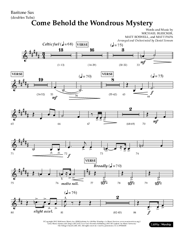 Come Behold The Wondrous Mystery (Choral Anthem SATB) Bari Sax (Arr. Daniel Semsen / Lifeway Choral)