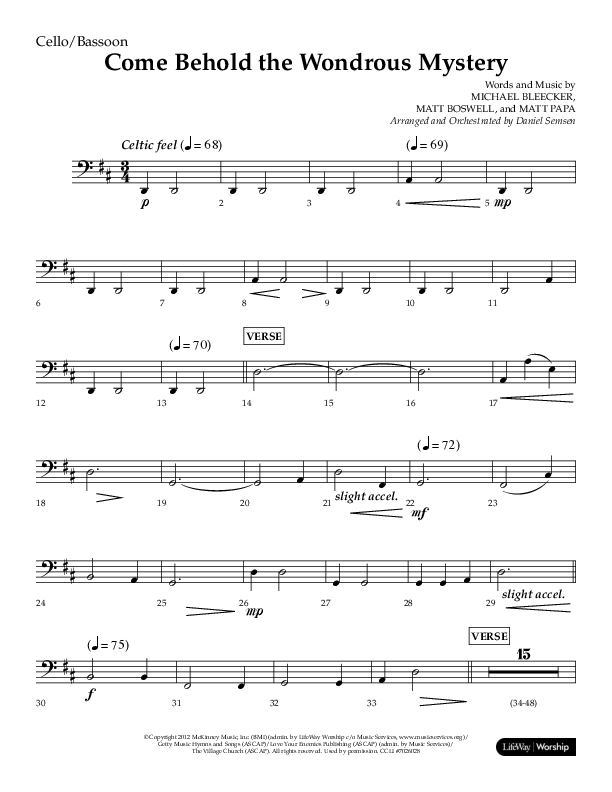 Come Behold The Wondrous Mystery (Choral Anthem SATB) Cello (Arr. Daniel Semsen / Lifeway Choral)