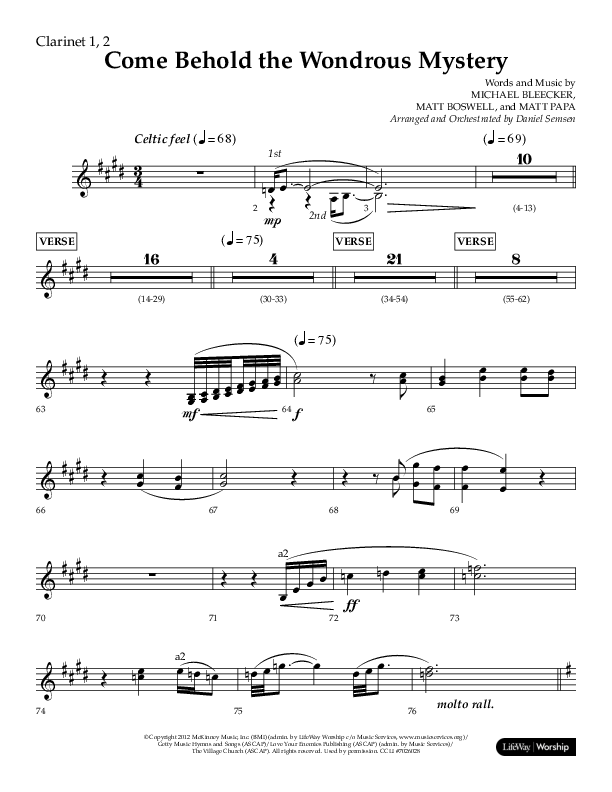 Come Behold The Wondrous Mystery (Choral Anthem SATB) Clarinet 1/2 (Arr. Daniel Semsen / Lifeway Choral)