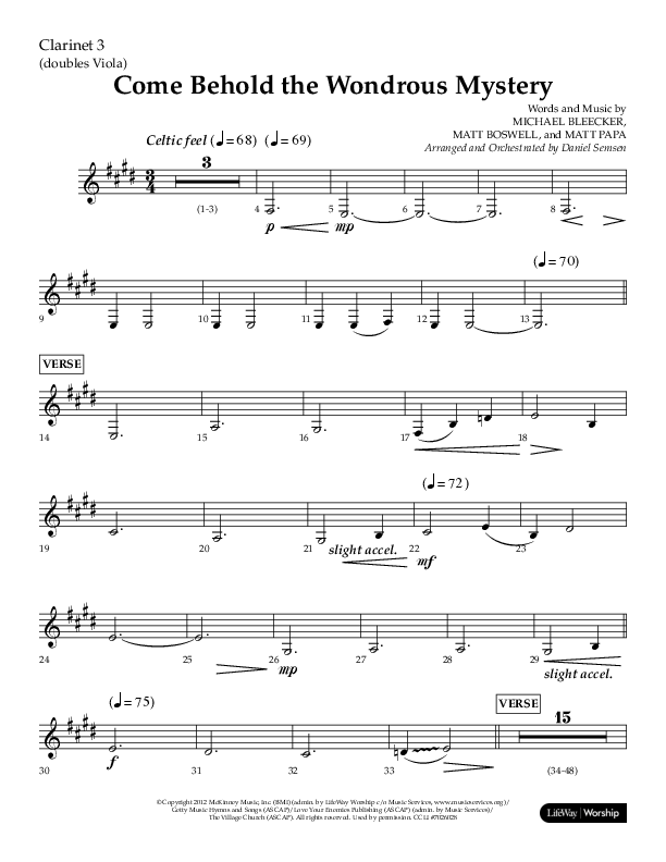 Come Behold The Wondrous Mystery (Choral Anthem SATB) Clarinet 3 (Arr. Daniel Semsen / Lifeway Choral)