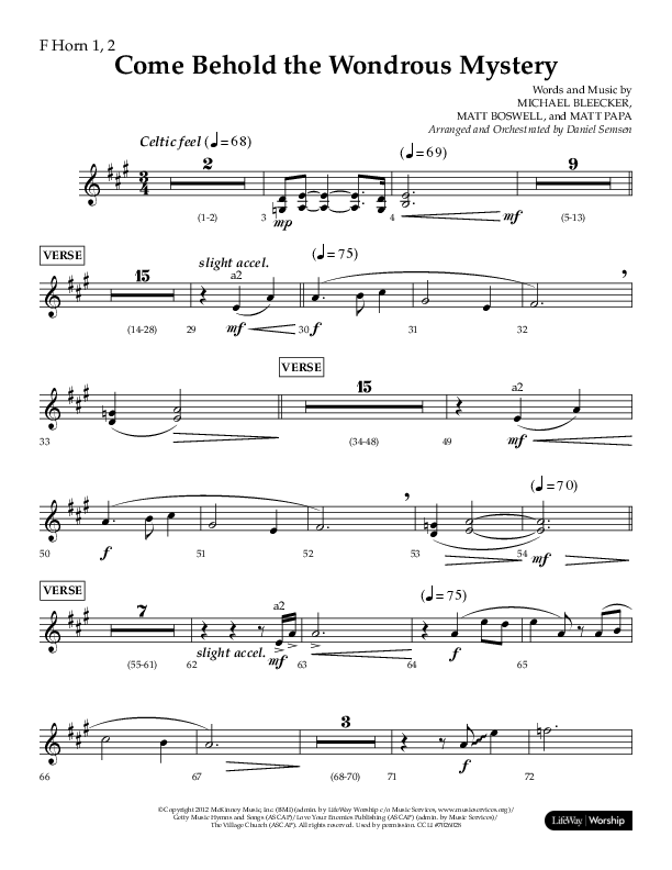 Come Behold The Wondrous Mystery (Choral Anthem SATB) French Horn 1/2 (Arr. Daniel Semsen / Lifeway Choral)