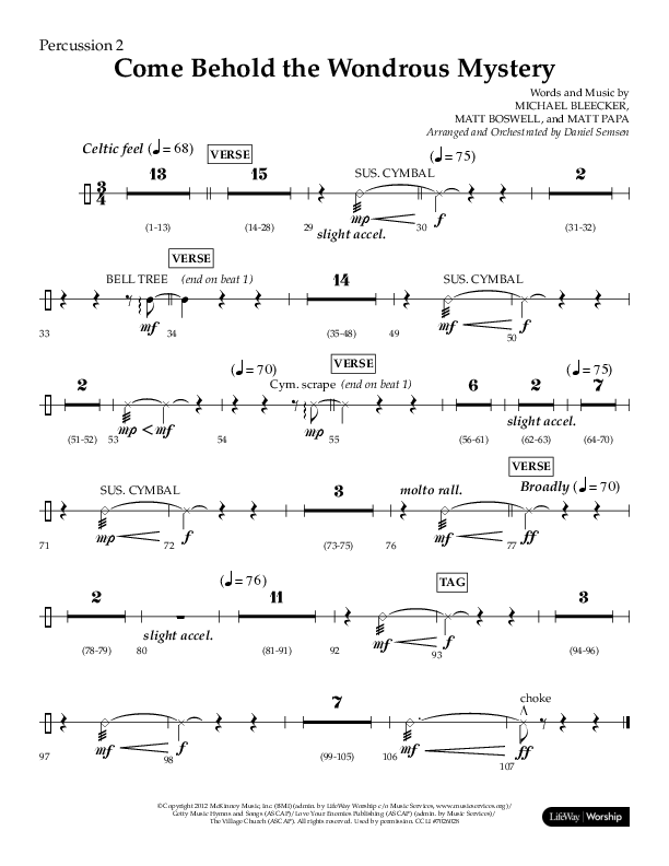 Come Behold The Wondrous Mystery (Choral Anthem SATB) Percussion (Arr. Daniel Semsen / Lifeway Choral)