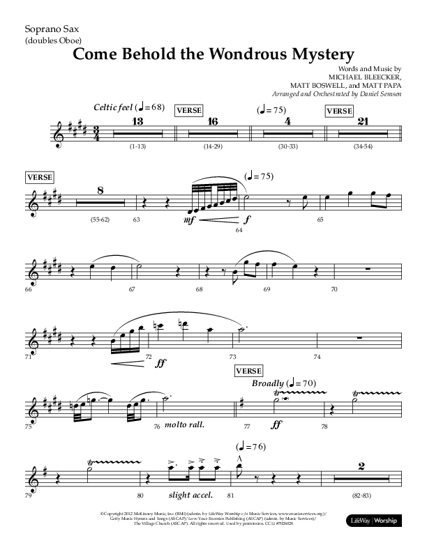 Come Behold The Wondrous Mystery (Choral Anthem SATB) Soprano Sax (Arr. Daniel Semsen / Lifeway Choral)