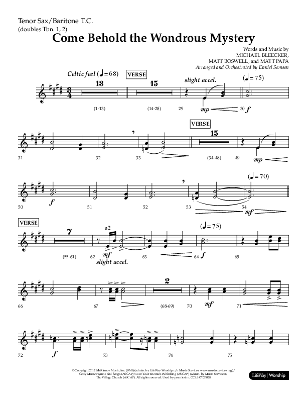 Come Behold The Wondrous Mystery (Choral Anthem SATB) Tenor Sax/Baritone T.C. (Arr. Daniel Semsen / Lifeway Choral)