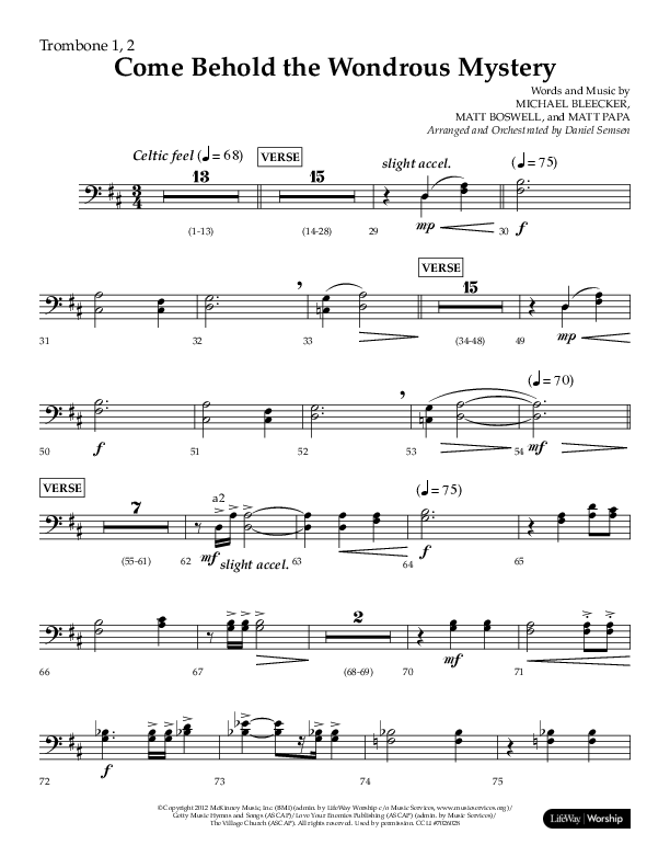 Come Behold The Wondrous Mystery (Choral Anthem SATB) Trombone 1/2 (Arr. Daniel Semsen / Lifeway Choral)