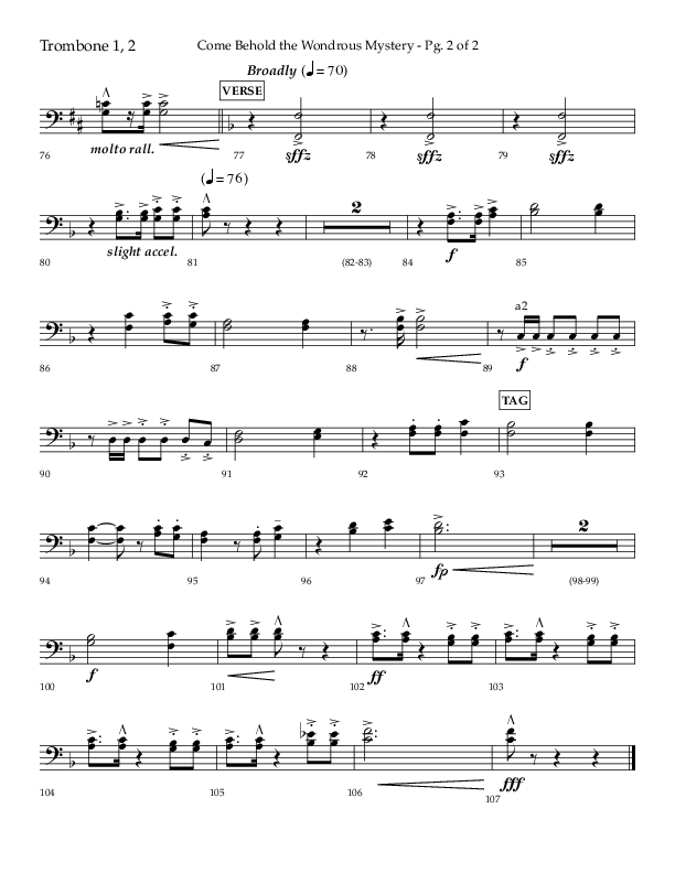 Come Behold The Wondrous Mystery (Choral Anthem SATB) Trombone 1/2 (Arr. Daniel Semsen / Lifeway Choral)