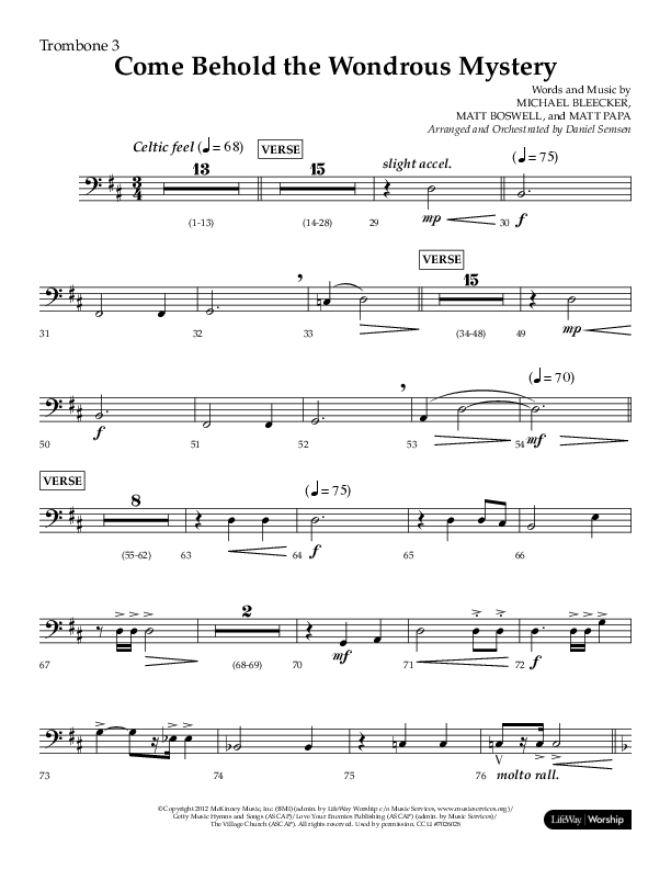 Come Behold The Wondrous Mystery (Choral Anthem SATB) Trombone 3 (Arr. Daniel Semsen / Lifeway Choral)